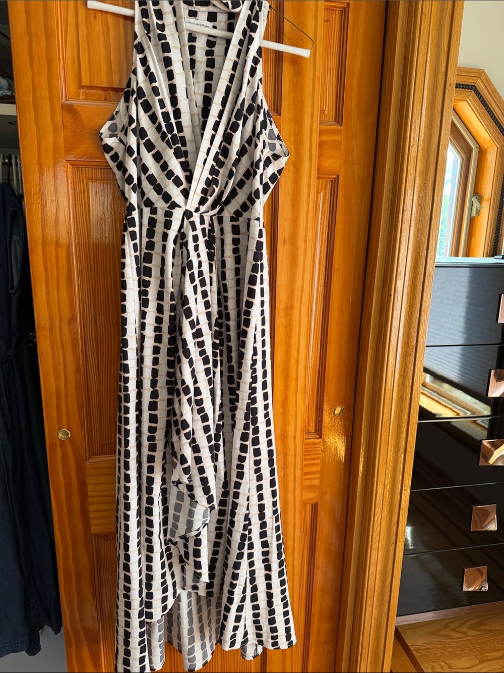 Calvin Klein Black and White Geometric Wrap Maxi Dress